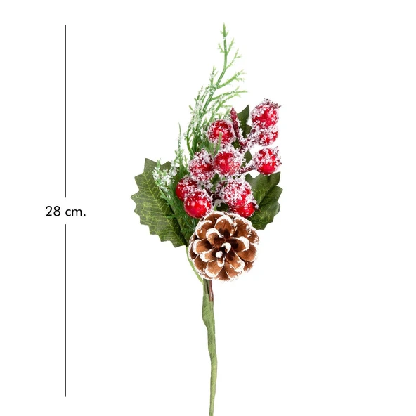 Yılbaşı Çiçeği Pike Berry Kozalaklı Karlı Kırmızı- Yeşil 24 Cm. - Resim 3