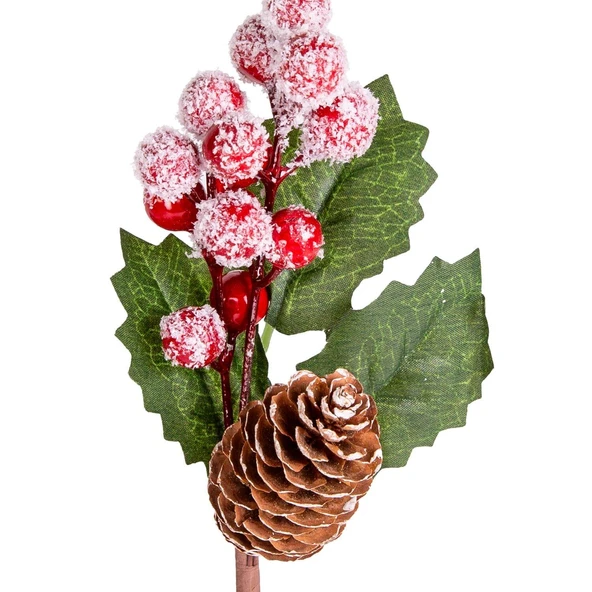 Yılbaşı Çiçek Pike Karlı Berry Kozalaklı Kırmızı-Yeşil 28 cm - Resim 2