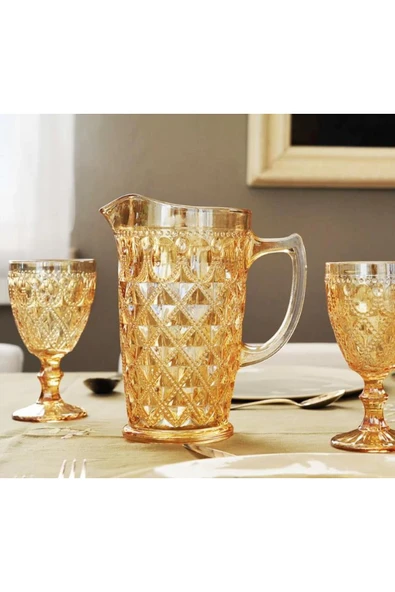 Easy Life Rölyef Süslemeli 4 lü Cam Kadeh Seti Amber - 400 ml - Resim 2