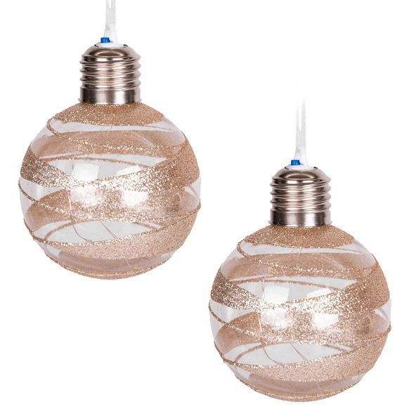 Yılbaşı Topu Ampul Led Işıklı Gold Simli Desenli 2 li Paket Şampanya 7 cm - Resim 2