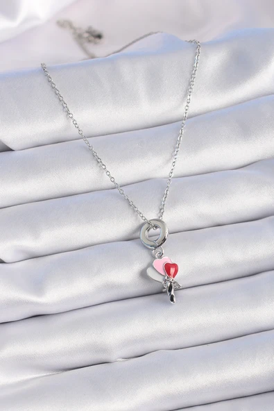 316L Çelik Gümüş Renk Renkli Kalp Figür Charm Model Kadın Kolye - Resim 2