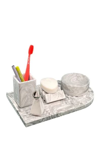 5 Parça Organizerli Beton Banyo Seti Katı Sabunluk Yüzüklük Diş Fırçalık Sunum Tepsisi Organizer