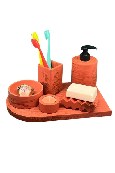 6'lı Mermer Desenli Terracotta Beton Banyo Seti Tuvalet Wc Sıvı Sabunluk Diş Fırçalığı Takım - 3