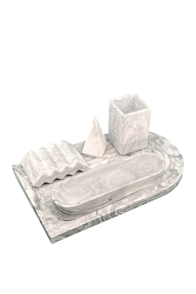 5 Parça Mermer Desenli Beton Banyo Seti Katı Sabunluk Diş Fırçalık Yüzüklük Sunum Tepsisi - Resim 2