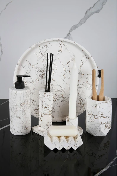 6 Parça Beton Banyo Wc Seti Takımı Katı Sıvı Sabunluk Diş Fırçalığı Tütsülük Mumluk Sunum Tepsisi - Resim 2
