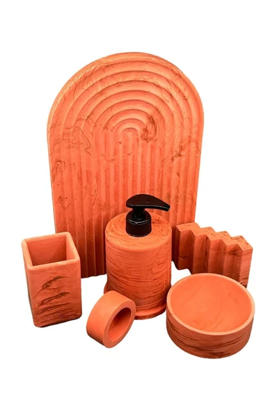 6'lı Mermer Desenli Terracotta Beton Banyo Seti Tuvalet Wc Sıvı Sabunluk Diş Fırçalığı Takım - 2