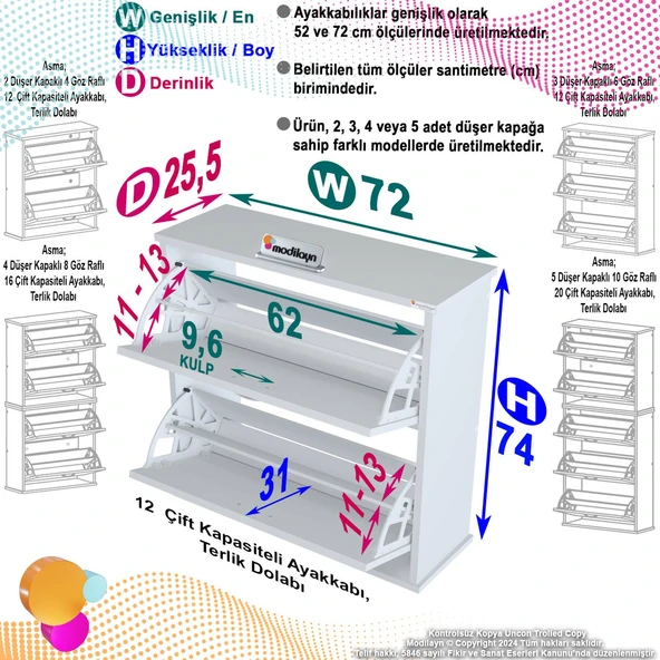 Modilayn UMAY Asma Antre 72 x 78 x 25,5 cm lik 2 Düşer Kapak 4 Göz Raf Ayakkabılık - 5