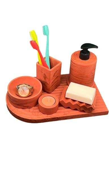 6'lı Mermer Desenli Terracotta Beton Banyo Seti Tuvalet Wc Sıvı Sabunluk Diş Fırçalığı Takım