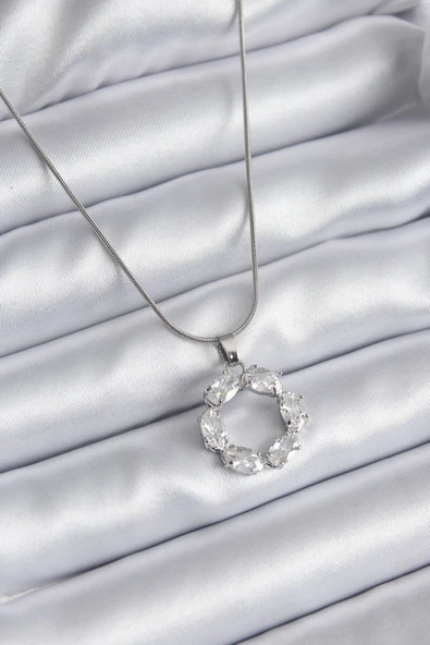 316L Çelik Gümüş Renk Zirkon Taşlı Kadın Kolye ürün görseli