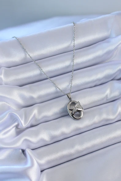 316L Çelik Gümüş Renk Zirkon Taşlı Kadın Kolye - Resim 2