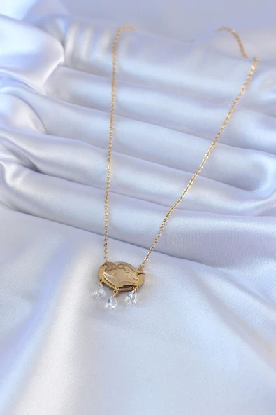 316L Çelik Gold Renk Lotus Model Zirkon Taşlı Kadın Kolye - Resim 2