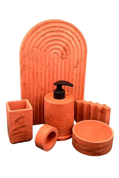 6'lı Mermer Desenli Terracotta Beton Banyo Seti Tuvalet Wc Sıvı Sabunluk Diş Fırçalığı Takım - 4