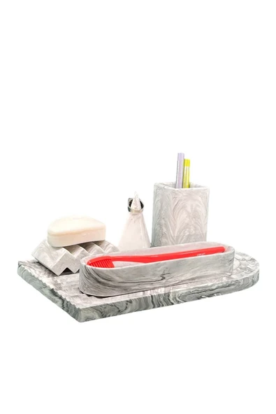 5 Parça Mermer Desenli Beton Banyo Seti Katı Sabunluk Diş Fırçalık Yüzüklük Sunum Tepsisi - Resim 3