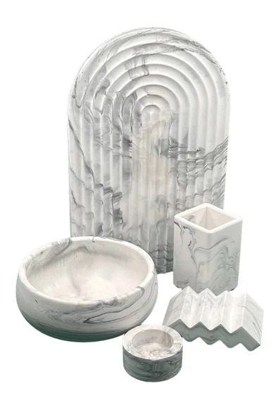 5 Parça Beton Banyo Seti Katı Sabunluk Havluluk Diş Fırçalığı Mumluk Sunum Tepsisi - 2
