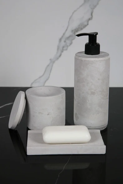 8 Parça Beton Banyo Seti Katı Sıvı Sabunluk Diş Fırçalık Mumluk Tütsülük Tepsi Sunumluk Pamuk Kutusu - Resim 3