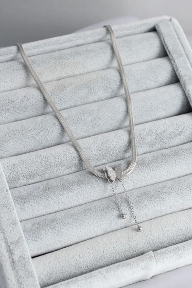 316L Çelik Gümüş Renk İtalyan Zincir Model Simli Kelebek Figür Kadın Kolye - Resim 2