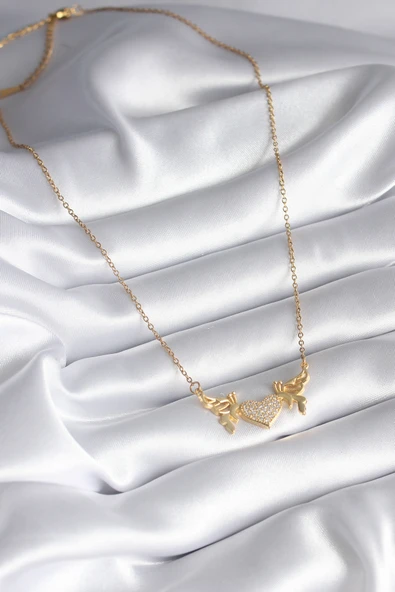 316L Çelik Gold Renk Zirkon Taşlı Kanatlı Kalp Model Kadın Kolye - Resim 2