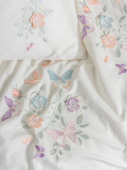 Cotton Box 3D Nakışlı Saten Çift Kişilik Nevresim Takımı Liva Pudra - Resim 3