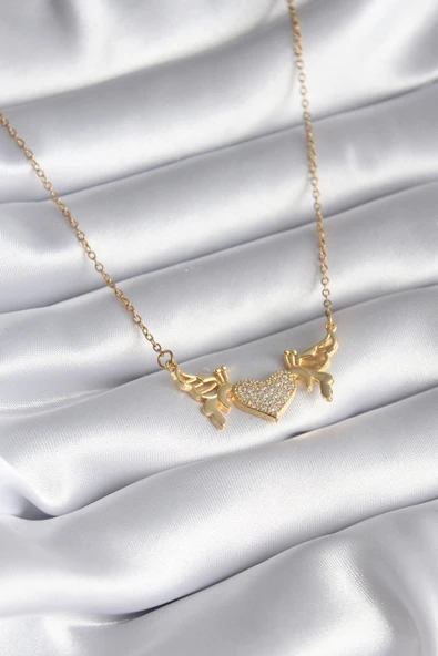 316L Çelik Gold Renk Zirkon Taşlı Kanatlı Kalp Model Kadın Kolye ürün görseli