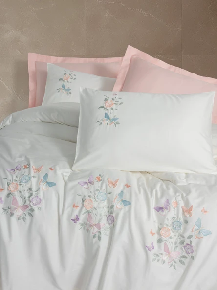 Cotton Box 3D Nakışlı Saten Çift Kişilik Nevresim Takımı Liva Pudra - Resim 2