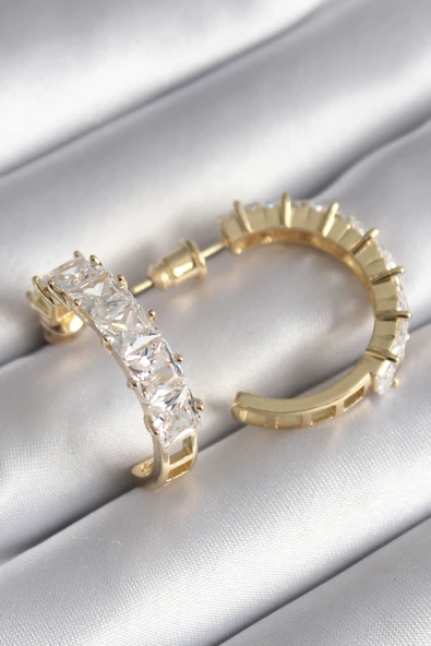 Pirinç Gold Renk Zirkon Taşlı Halka Model Kadın Küpe ürün görseli