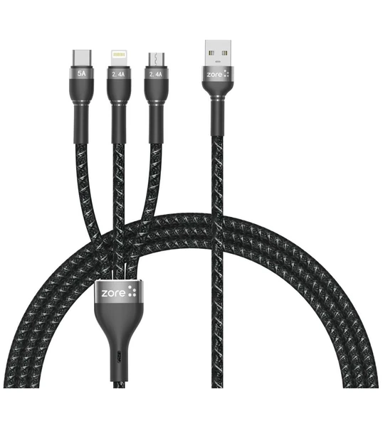 3in1 USB Dayanıklı File Örgü Hızlı Şarj Kablo 30cm