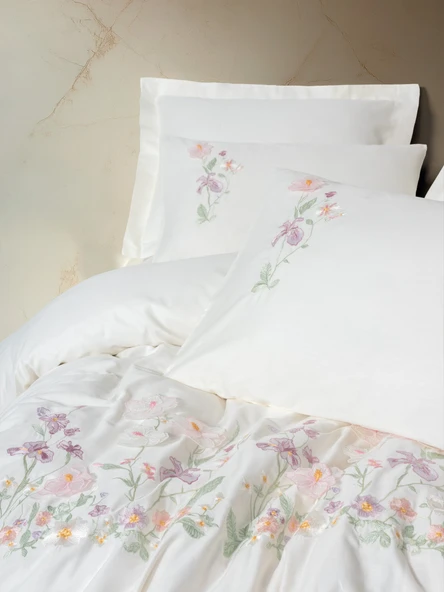 Cotton Box 3D Nakışlı Saten Çift Kişilik Nevresim Takımı Zephy Ekru - Resim 2