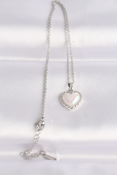316L Çelik Zincir Gümüş Renk Beyaz Taşlı Bombeli Kalp Kolye - Resim 2