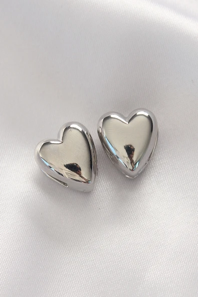 Pirinç Gümüş Renk Minimal Bombeli Kalp Küpe ürün görseli