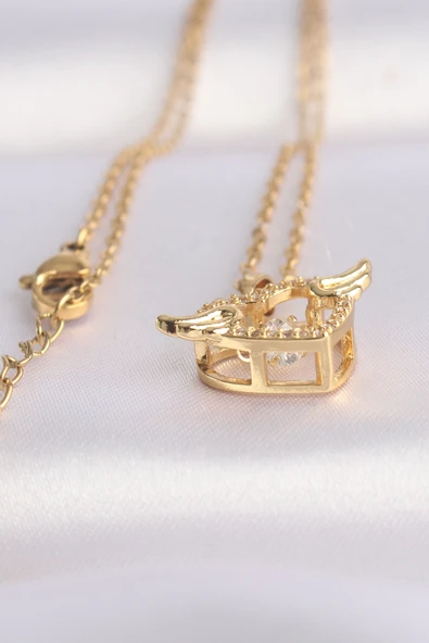 316L Çelik Zincir Altın Renk Zirkon Taşlı Kanatlı Kalp Kolye - Resim 2