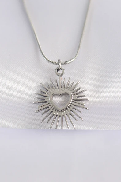 316L Çelik Zincir Gümüş Renk Kalp Güneşi Tasarımlı Kolye ürün görseli