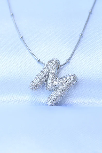 316L Çelik Zincirli Zirkon Taşlı M Harfli Gümüş Renk Bubble Kolye ürün görseli