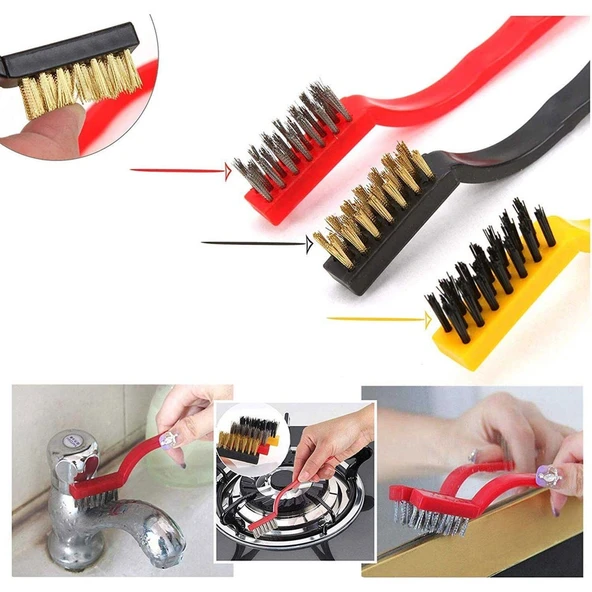 3'lü Set Tel Fırça Seti Mutfak Temizlik Plastik Çok Amaçlı Temizleme Fırçası Kir Pas Kireç Izgara - 2