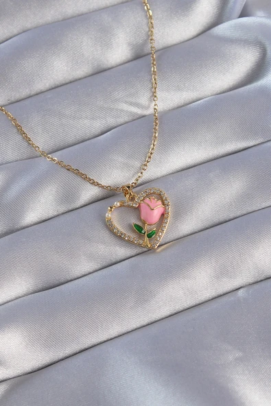 316L Çelik Zincirli Gold Renk Zirkon Taşlı Kalp İçinde Pembe Gül Tasarımlı Kolye ürün görseli