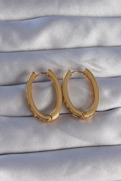 Pirinç Gold Renk Zirkon Taşlı Oval Model Küpe - Resim 2