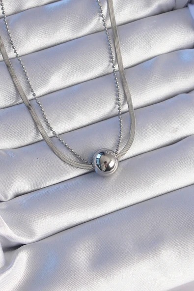 316L Çelik Çift Zincirli Gümüş Renk Topçuk İtalyan Model Kolye ürün görseli