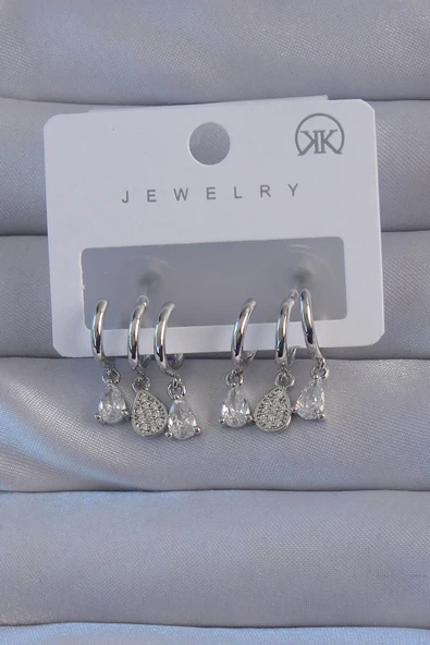 Pirinç Gümüş Renk Zirkon Taşlı Damla Model Çoklu Görünüm Yarım Halka Küpe ürün görseli