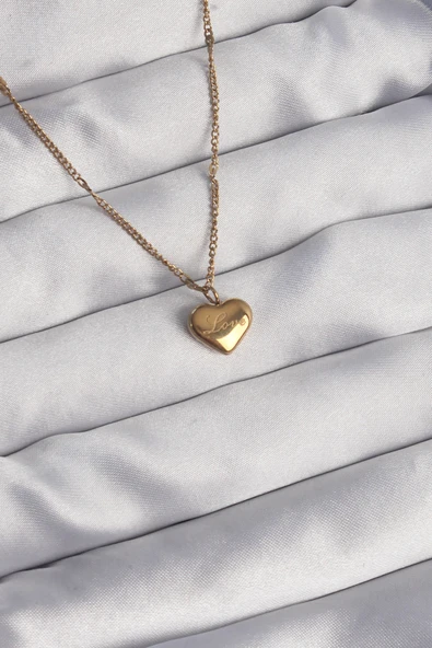 316L Çelik Gold Renk Kalp Model Love Kolye ürün görseli