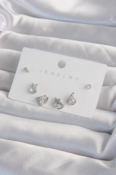 Pirinç Gümüş Renk Zirkon Taşlı Damla Model Küpe Seti ürün görseli