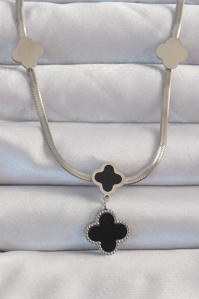 316L Çelik Gümüş Renk İtalyan Zincirli Mineli Yonca Kolye ürün görseli