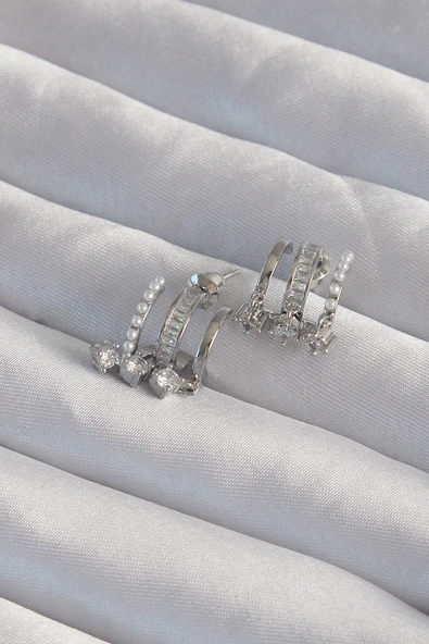 Pirinç Gümüş Renk İncili Çoklu Zirkon Taşlı Yarım Halka Küpe ürün görseli