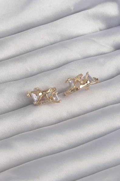 Pirinç Gold Renk İri Zirkon Taşlı Kıvrımlı Minimal Kelebekli Halka Küpe ürün görseli