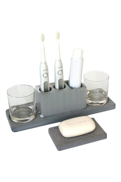 3 Parça Beton Banyo Seti Şarjlı Diş Fırçası Standı Katı Sabunluk Sunum Tepsisi - 2