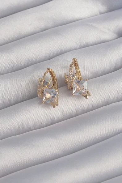 Pirinç Gold Renk İri Zirkon Taşlı Kıvrımlı Minimal Kelebekli Halka Küpe - Resim 2