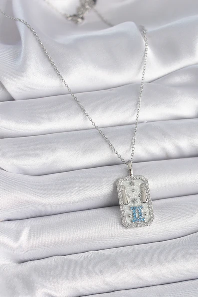 316L Çelik Gümüş Renk Zincir İkizler Burcu Zirkon Taşlı Kadın Kolye - Resim 2