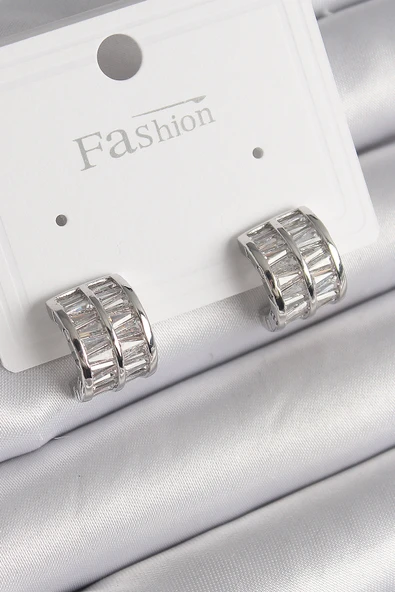 Pirinç Gümüş Renk Çift Sıra Zirkon Taşlı Kadın Küpe ürün görseli