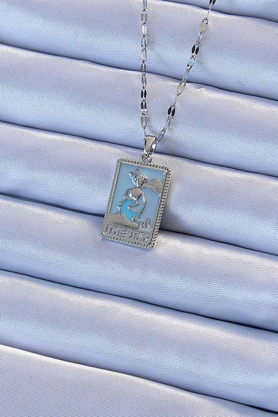 316L Çelik Zincir Gümüş Renk Mavi Mineli Tarot Kolye ürün görseli