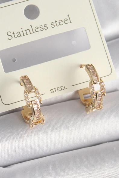 Pirinç Gold Renk Zirkon Taşlı Zincir Model Kadın Küpe ürün görseli