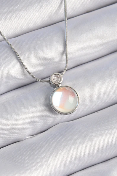 316L Çelik Gümüş Renk Beyaz Sedefli Vintage Model Kadın Kolye ürün görseli