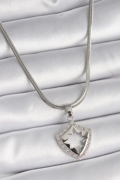 316L Çelik Gümüş Renk İtalyan Zincir Zirkon Taşlı Kutup Yıldızı İşleme Model Kadın Kolye ürün görseli